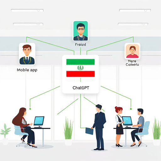 high-level architecture diagram: mobile and web apps sending requests to ChatGPT API, with Iranian app highlighted, green connection lines, cartoon-animated style, focused on secure connectivity, no text