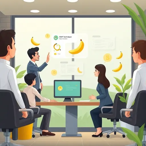 cartoon style AI-powered chatbot interface for banana agriculture, animated icons representing analysis, banana detection, data insights, Iranian color scheme, text-free