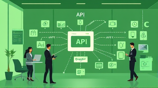 modern API architecture diagram illustration, animated data flow between apps and AI models via a unified API gateway, green and dark theme, text-free