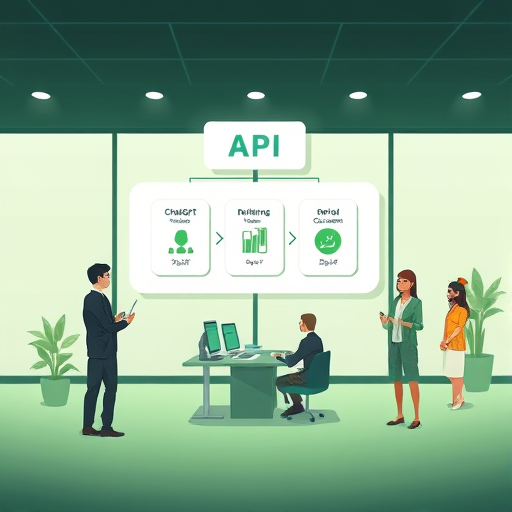 animated API architecture diagram, Iranian inspired design, showing seamless access to multiple AI models (ChatGPT, Claude, Gemini), cartoon style, rich green and dark tones, text-