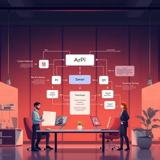 modern API architecture diagram illustration, animated data flow visualization, code and JSON exchange between client and server, cinematic lighting, text-free