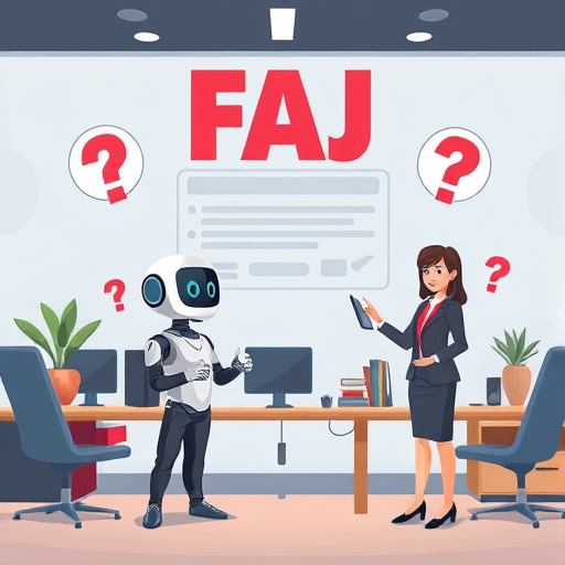 cartoon illustration of an FAQ scene: animated question mark icons, digital assistant character (AI)