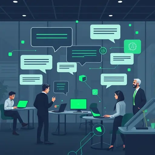 illustration of a conversational AI with abstract chat bubbles, neural network lines, and green accent colors matching #94d3a2