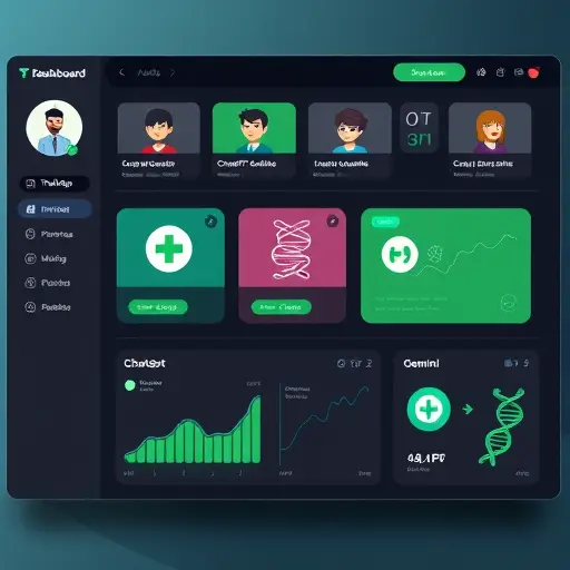 animated dashboard UI showcasing cards for ChatGPT, Claude, and Gemini with healthcare icons (stethoscope, DNA)