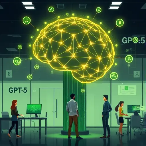 futuristic abstract illustration of next-gen AI model (GPT-5) as a glowing geometric brain connected to multimodal streams (text, image, audio)