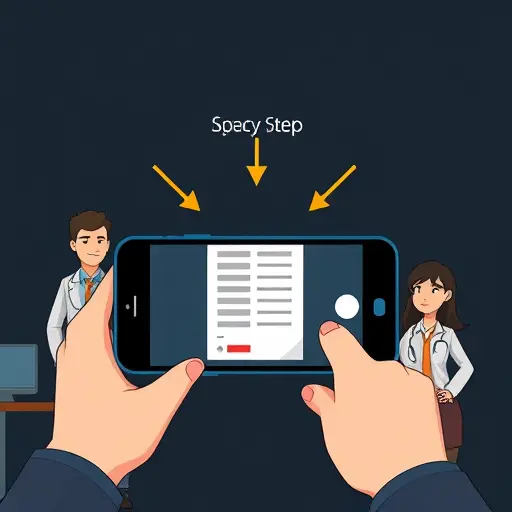 cartoon-style mobile phone capturing a lab test paper, step-by-