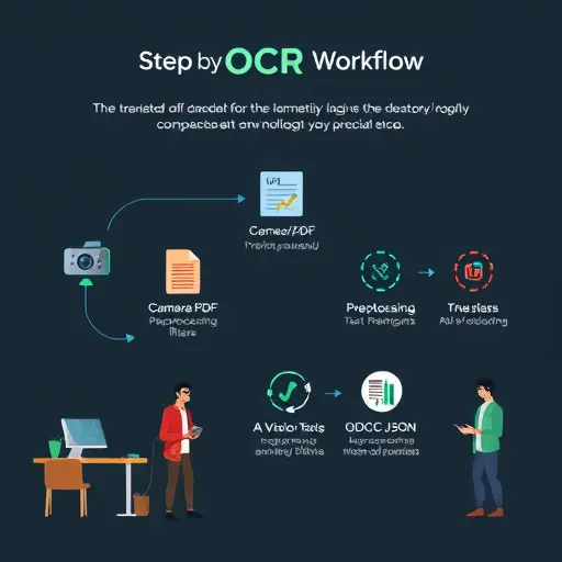 step-by-step OCR workflow illustration with icons: camera/PDF, preprocessing filters, AI vision chip, export to DOC/