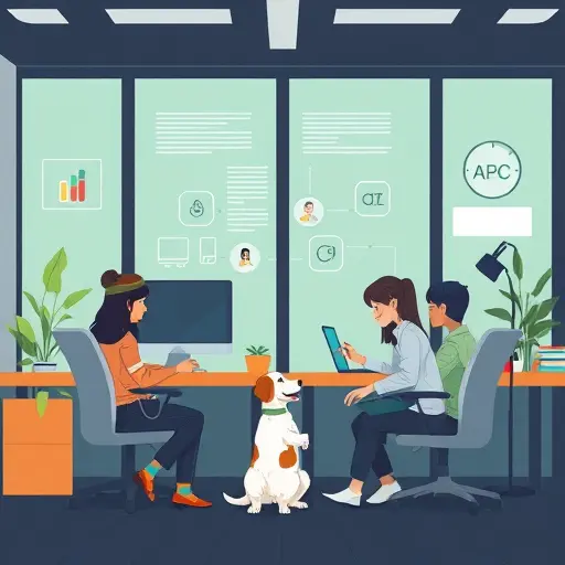 cartoon illustration of pet behavior training with clicker and reward system, ABC flow icons, dark theme, soft green and blue accents, clean, text-free