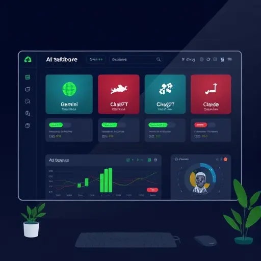 animated dark theme dashboard showing three AI model tiles: Gemini, ChatGPT, Claude;;; green accent #94d3a2; text-free
