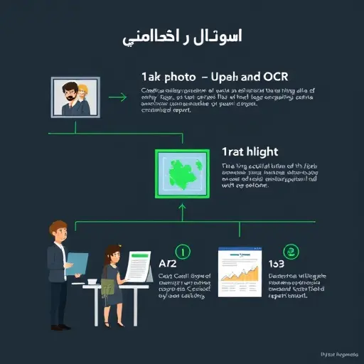 step-by-step infographic style illustration showing five steps: take photo, upload, OCR highlight, model selection, structured report; dark theme, green accents, icons, text-free