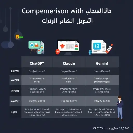 clean animated comparison chart of ChatGPT, Claude, and Gemini for PowerPoint content generation, icons and abstract graphics, dark theme, no text
