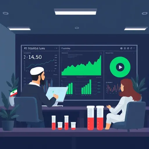 illustration of AI analyzing medical lab results dashboard, charts and test tubes, dark theme with green accents matching #171717 and #94d3a2