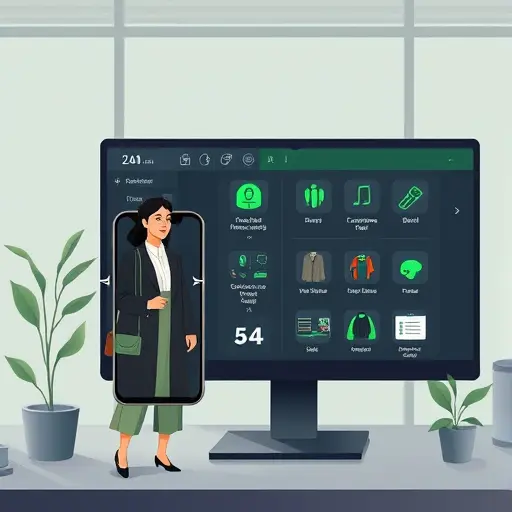 animated split-screen of mobile phone and desktop monitor showing AI outfit change workflow, dark theme, green accent, minimal icons, text-free