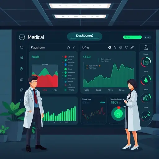 cartoon-style medical dashboard showing blood and urine panels with AI icons, dark background, green highlights, no text