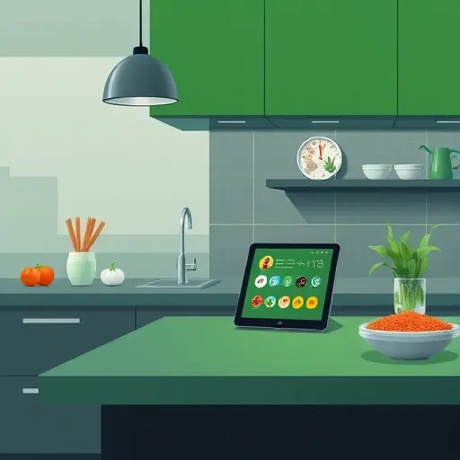 animated kitchen counter with AI assistant on tablet showing quick Iranian recipes, ingredient icons (rice, saffron, chicken)