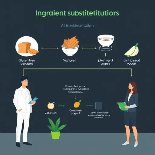 illustration of ingredient substitution flowchart with AI suggestions (gluten-free bread, plant-based yogurt, low glycemic sweeteners)
