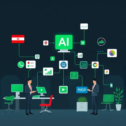 conceptual flow illustration: dataset and prompt icons flowing into AI engine and outputting charts/code/