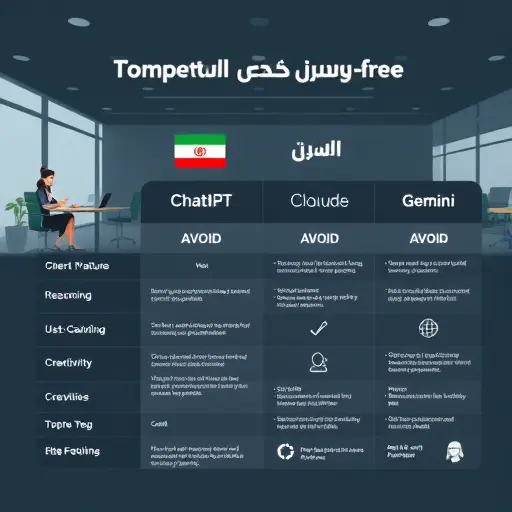 comparison chart illustration of ChatGPT, Claude, and Gemini features, icons representing reasoning, creativity, up-to-