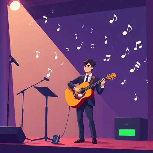 modern cartoon illustration of a musician improvising on stage guided by AI floating musical notes and digital suggestions, tech-green accents, text-free