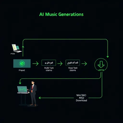 abstract flow diagram illustrating AI music generation:(drums, bass, pad, lead) to WAV/MIDI download, dark tech aesthetic with green accents, clean and text-free