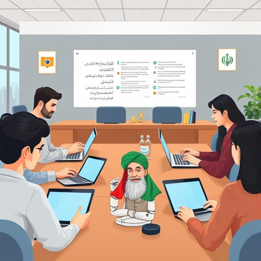 animated illustration of Iranian philosophy students interacting with AI-