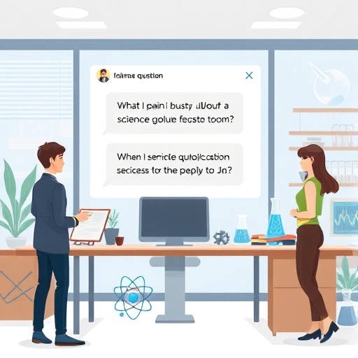 animated illustration of an AI answering a science question in a chat window, with science icons like atom, beakers, and neural networks, technology cartoon style, text-free
