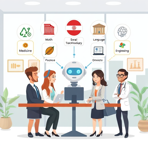 cartoon-style icons for different academic disciplines (math, science, language, medicine, engineering)