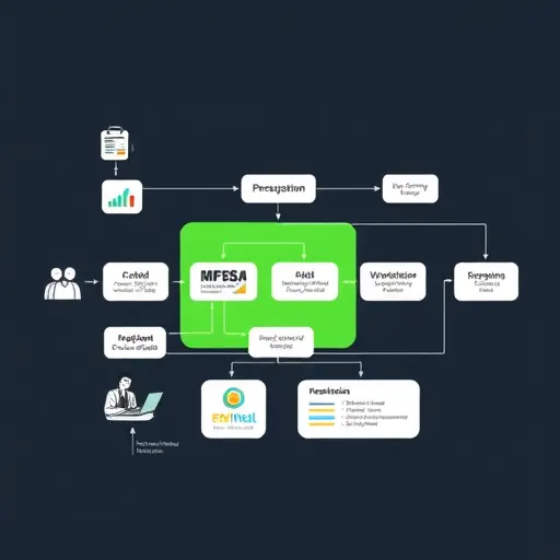 workflow diagram illustration for AI e-prescription with FHIR/HL7, JSON output, secure sharing; dark background, green highlight (#94d3a2); modern, text-free