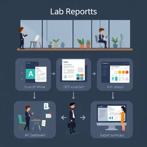 step-by-step animated illustration of a lab report workflow: scan with phone, OCR extraction, AI dashboard analysis, export summary;