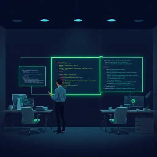 abstract illustration of debugging in JavaScript: event loop diagram, call stack, promise queue, dark theme, neon green highlights, minimalist, text-free