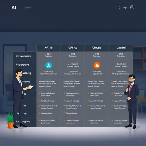 comparison chart illustration of AI models for blogging (GPT-4o, Claude, Gemini), icons with pros/