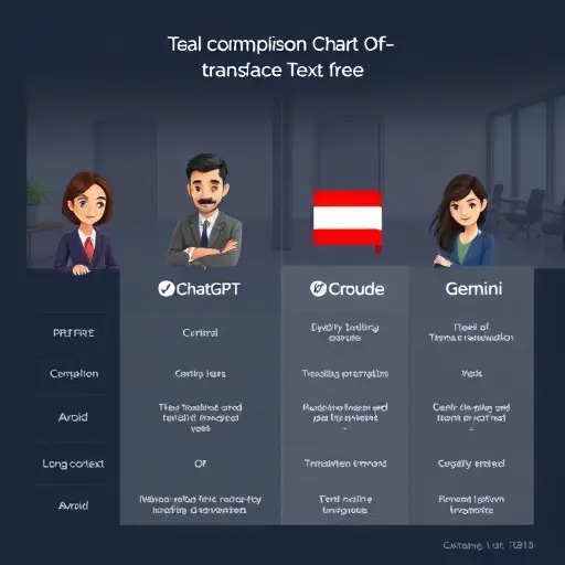 clean comparison chart illustration of ChatGPT, Claude, Gemini logos as icons, focus on translation strengths like tone preservation, long-