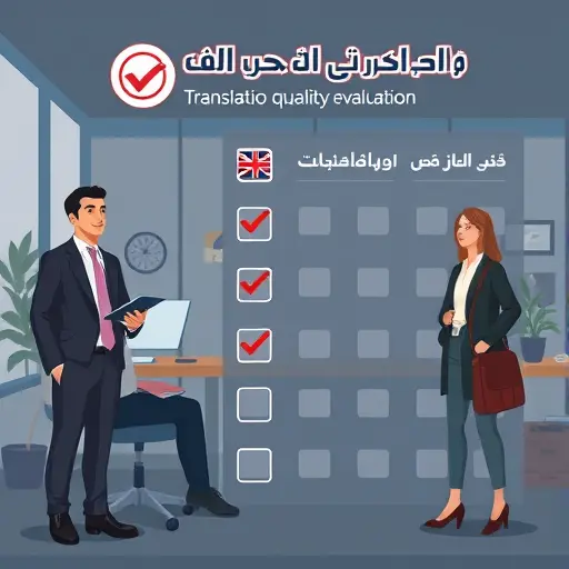 animated checklist for translation quality evaluation, icons for readability, consistency, accuracy, dark theme card style, text-