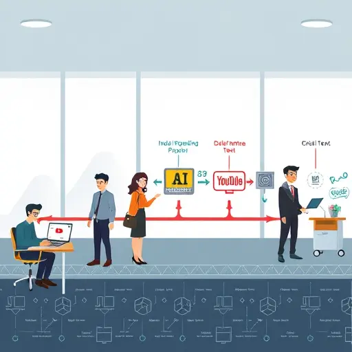 cartoon-style pipeline from idea to YouTube publish with AI model icons (GPT-4o, Claude, Gemini), arrows connecting steps;; technology theme; clean, professional; no text