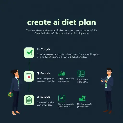 animated step-by-step checklist for creating a free AI diet plan, icons for goals, input metrics, preferences, and weekly updates, dark theme with green accents, text-free