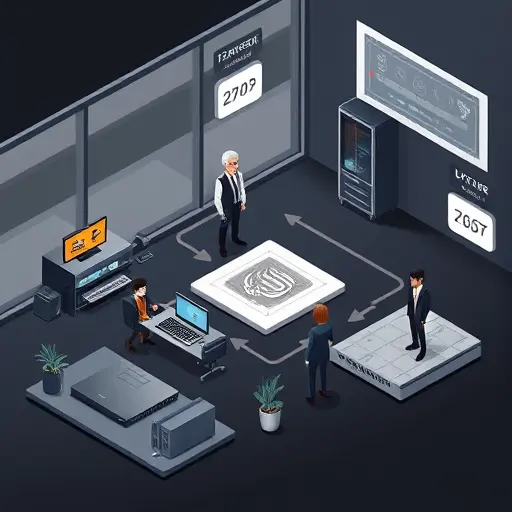 isometric illustration of laser engraver, photopolymer plate, and rubber stamp workflow, showing mirrored vector files and high-