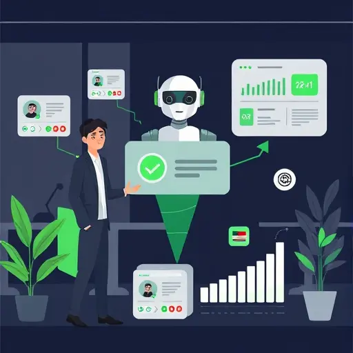 illustration of AI chatbot integration into a website and CRM, lead generation cards, KPI icons and conversion funnel;(#94d3a2)