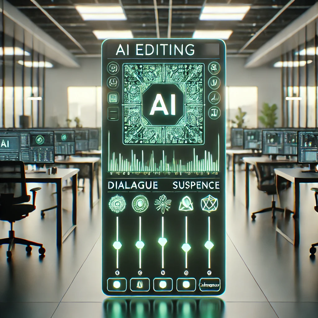 illustration of AI editing panel with sliders for dialogue, suspense, coherence;