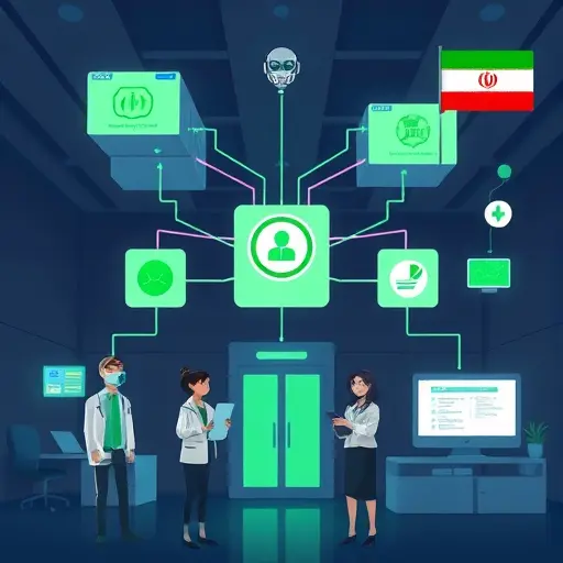 animated hospital IT architecture, EHR/HIS boxes connected via API lines to an AI chatbot service, FHIR/HL7 labels, dark UI, green highlight, text-free