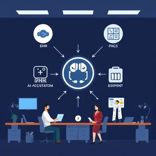 illustrated medical AI workflow, EHR and PACS icons connected to an AI engine, arrows to FHIR/PDF/