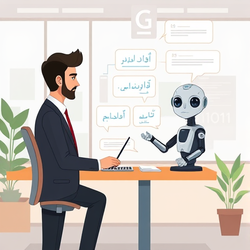 modern cartoon style illustration, user interacting with an AI chatbot for algorithm practice, digital conversation bubbles and logic diagrams, clean design, text-free