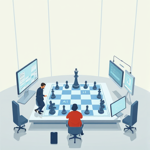modern cartoon illustration of a digital chessboard surrounded by AI analysis icons and multiple app-