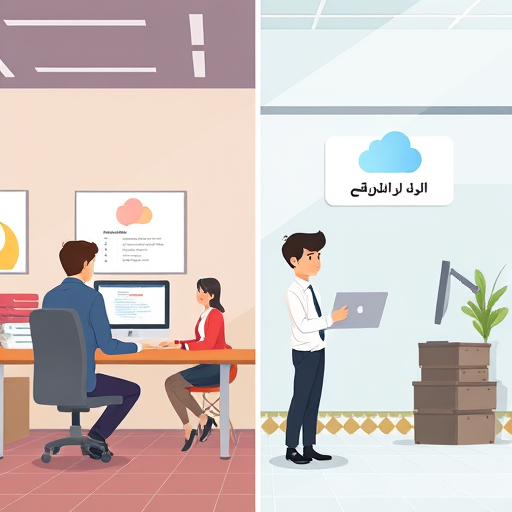 cartoon style illustration showing two tech paths:&.
