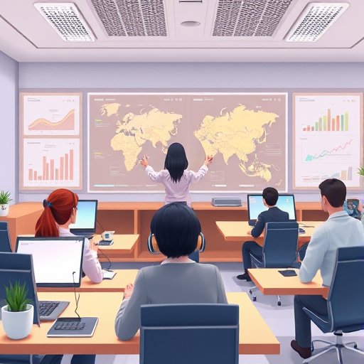 animated scene of a virtual classroom with students and a teacher discussing historical events on interactive AI-