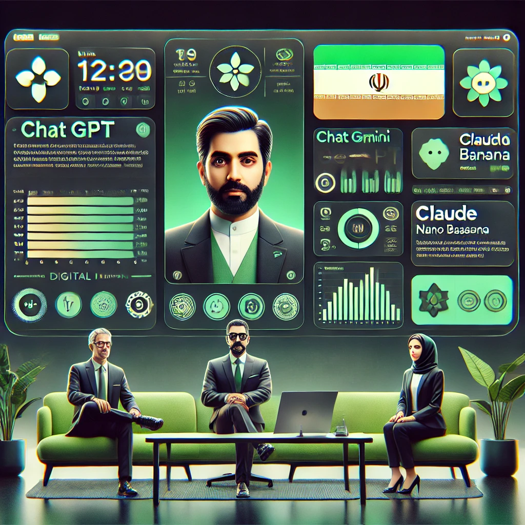 high-(ChatGPT, Gemini, Claude, Nano Banana), green and dark theme palette, minimalist, text-free