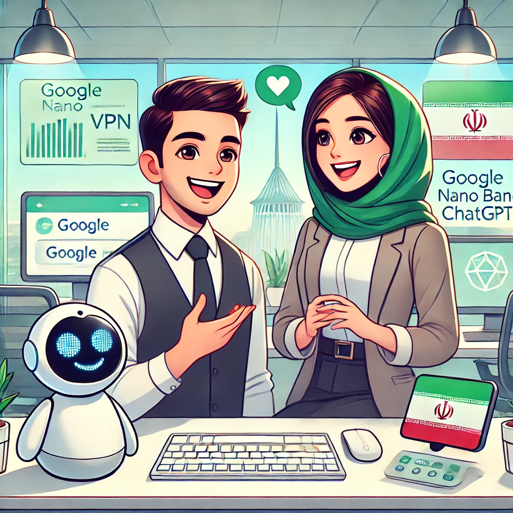 cartoon-style illustration of happy Iranian users easily using artificial intelligence models on a desktop and smartphone (Google Nano Banana, ChatGPT)