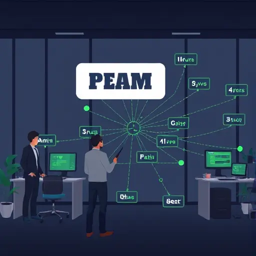 animated illustration of AI-powered keyword research, semantic network connecting long-
