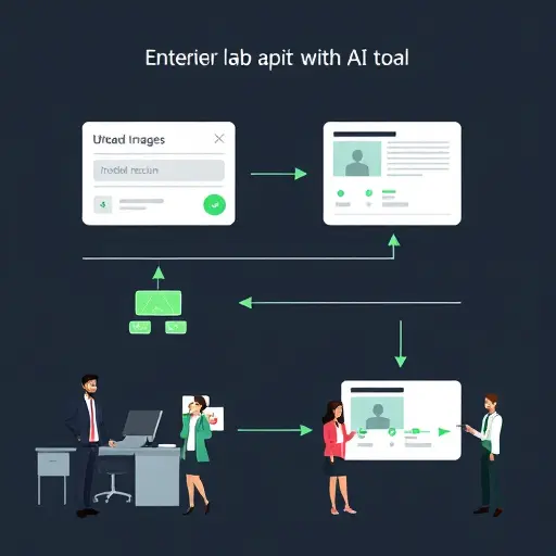 step-by-step animated flowchart for entering lab parameters into an AI tool, icons for input fields, upload image, model selection, and analysis result card, dark theme with green accents, text-free