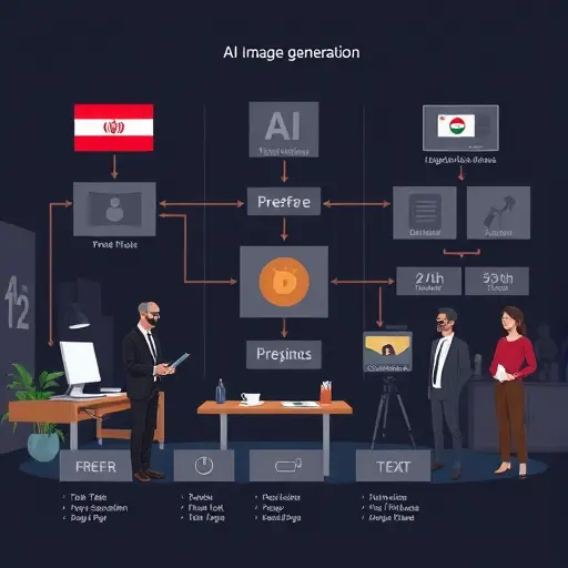 diagram-style illustration of AI image generation pipeline, text-to-