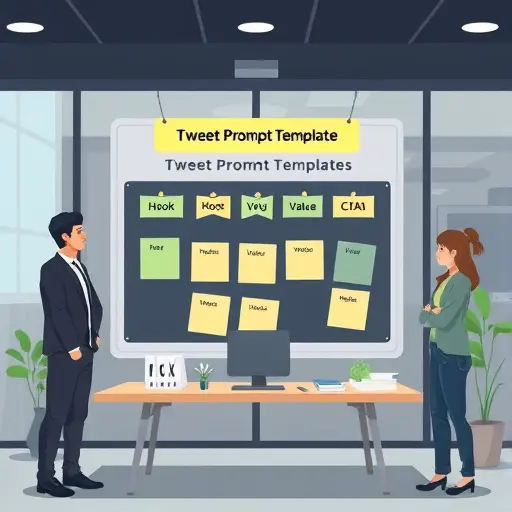 clean animated illustration of a tweet prompt template board, sticky notes for Hook-Value-